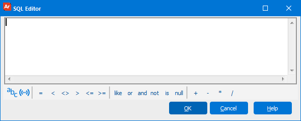 S Q L editor window. The text field is empty. The toolbar for adding variables, fields, and operators is at the bottom of the window.